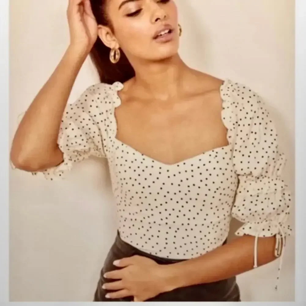 Reformation Nina Polka Dot Puff Sleeve Blouse – Cream/Black